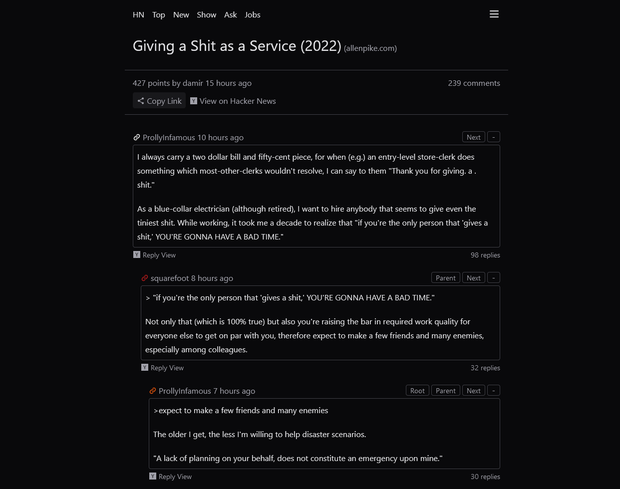 The UI of a SvelteKit Hacker News PWA comment thread